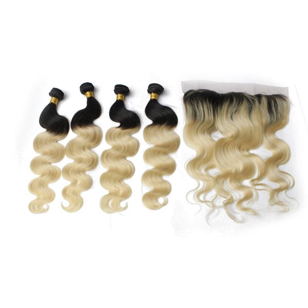 7A Body Wave Ombre blonde Bundles de cheveux vierges brésiliens droits avec fermeture à lacet platium frontal Extensions de cheveux blonds tissés avec fermeture