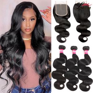 9A Braziliaanse Body Wave Haarbundels Met Sluiting Onverwerkte Rechte Diepe Golf Remy Human Hair Extension Water Wave Virgin Haar Met 4x4 Vetersluiting