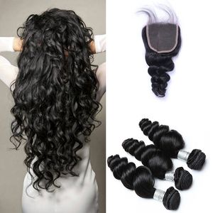 Tissage en lot brésilien naturel Loose Wave, cheveux naturels, avec fermeture en dentelle 4x4, Double trame, naissance des cheveux naturelle pré-épilée, teintable, 3 lots