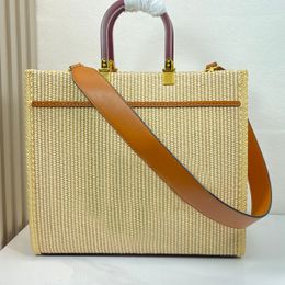 7a Designer Tas Natuurlijk kleurstro geweven materiaal met bruine lederen handgrepen en letterdecoratie 35 cm zonneschijn middelgrote tote tas
