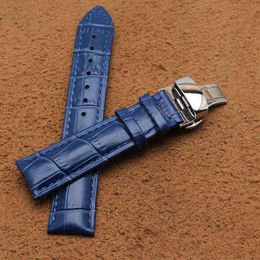 7A + bracelet de montre en cuir de vachette chaude boucle en métal en acier inoxydable argenté déploiement de papillon bracelets de montre bleus pour hommes 14 16 18mm 20mm 22mm