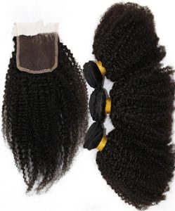 7A Menselijk haar Weave Braziliaanse Afro Kinky Krullend Met Sluiting Midden Driedelige Vetersluiting Met Bundels 1114810