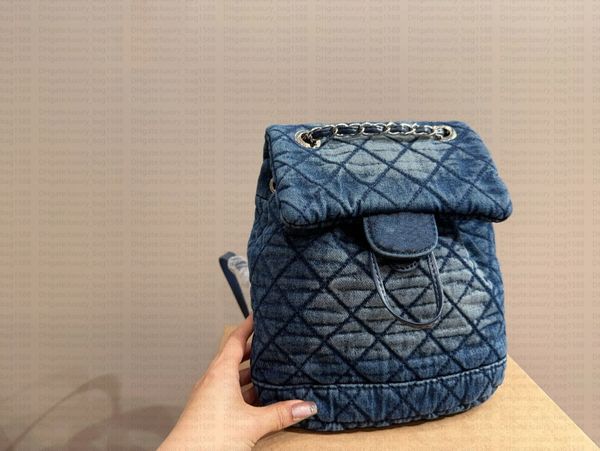 7a Mirror Quality Denim Backpack avec diamant Plaid Pattern Women Chain Sac à épaule Chain de luxe Vintage Sac de navettage privilégié