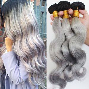 ruban gris ombre extensions de cheveux humains 3pcs 1b cheveux gris vague de corps deux tons ombre cheveux péruviens tisse