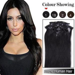 Al por mayor - 7a 140 g / pc 8 pc / set # 1 jet negro 100% cabello humano / pinzas para el cabello brasileño en extensiones reales de cabeza recta completa de alta calidad