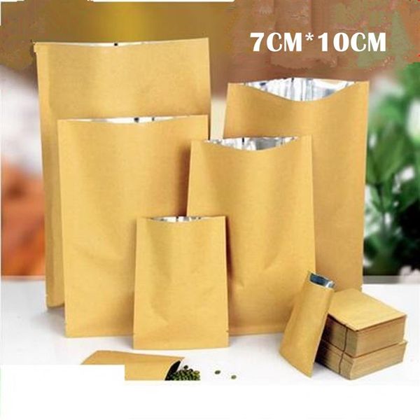 Bolsa de embalaje de papel Kraft de 7cm y 10cm, papel de aluminio en el interior, bolsa de válvula de fondo plano, cadena de agarre, bolsas de humedad, paquetes de 100pcs298L