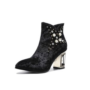 7 cm Chuckly Boots Cuts Out Women Ladies 2022 Birdcage Hoge hakken enkel laarsjes velours jurk schoenen Pearl klink