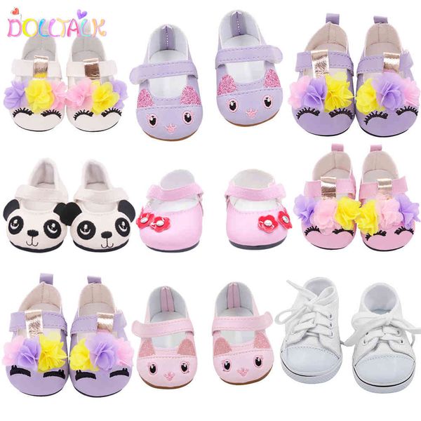 7 cm Lindo 15 Estilos Cuero Lona de dibujos animados 43 cm New Bron Baby Flower Shoes Fit 18 pulgadas American Girl Doll Toy