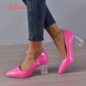 7cm transparante schoenen jurk Aphixta ketting stompe hiel damesschoen kralen hoektoepomp 2 62 6 6