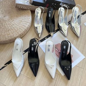 7CM Driehoek Gesp Slingback Sandalen Metallic Zilver Lakleer Pumps Hoge Hakken Schoenen Puntschoen Dames Dame Bruiloft Feest Diner Pump Hakken Stiletto Slides