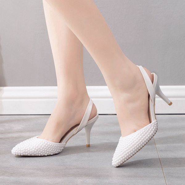 7 cm blanc perle chaussures à talons hauts femmes mode fête bal pompes bout pointu talons fins Slingbacks grande taille 43