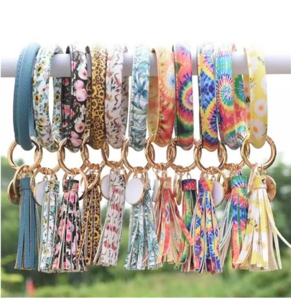 Mode Femmes Tournesol Motif Gland Bracelets PU En Cuir Wrap Porte-clés Léopard Lily Imprimer Porte-clés Porte-clés Cercle Bracelet Chaîne Porte-Bracelet Pour Fille GG0825