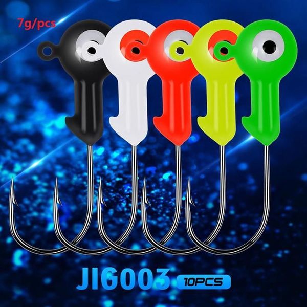 7g 10pcs / lot Jig en acier à haute teneur en carbone Big Hook Couleurs Yeux Tackles Mini Plomb Tête ronde Leurres Jigs Bass Single Worm Hooks302l