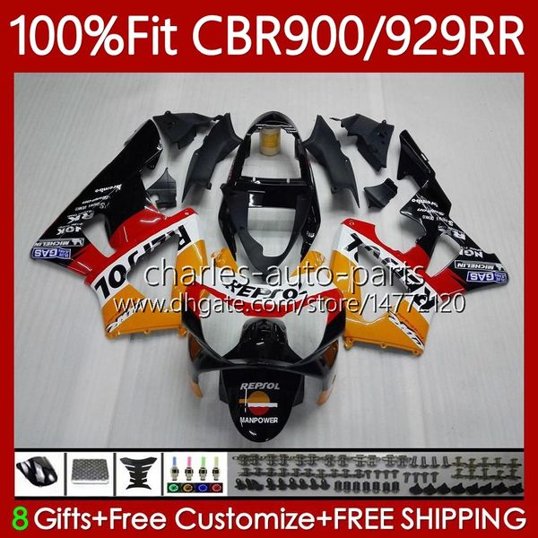 Cuerpo de molde de inyección para HONDA CBR900 CBR929 CBR 929RR 900RR 900 929 RR CC 00 01 Carrocería 68No.0 900CC 929CC CBR929RR 00-01 CBR900RR 2000 2001 OEM Carenado Repsol Naranja