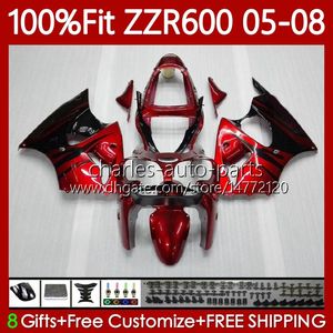 Corps OEM 100% adapté pour KAWASAKI NINJA ZZR-600 600 CC 600CC 05-08 Carrosserie 134No.10 ZZR 600 ZZR600 05 06 07 08 2005 2006 2007 2008 Kit de carénage de moulage par injection flammes rouges