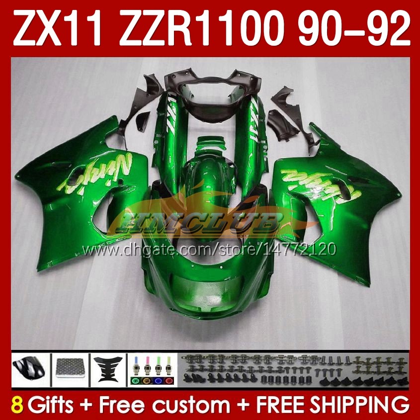OEM-mässor för Kawasaki Ninja ZZR1100 ZX 11 R 11R 1990-1992 BODY 164NO.129 ZX-11 R ZZR 1100 CC ZX-11R ZZR-1100 ZX11R 90 91 92 ZX11 R 1990 1991 1992 Fairing Kit Green Stock