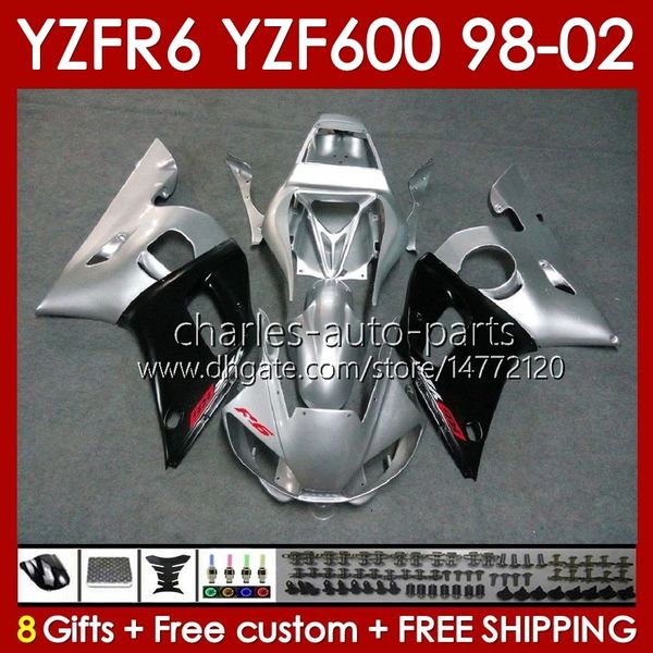 Cadre de carrosserie pour Yamaha YZF-600 YZF R6 R 6 600CC YZFR6 1998 1999 00 01 02 Carrosserie 145No.9 YZF 600 CC Cowling YZF-R6 98-02 YZF600 98 99 2000 2001 2002 Kit de carénage argenté brillant