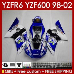 Body Frame For YAMAHA YZF-600 YZF R6 R 6 600CC YZFR6 1998 1999 00 01 02 Bodywork 145No.20 YZF 600 CC Cowling YZF-R6 98-02 YZF600 98 99 2000 2001 2002 Fairing Kit bue white blk