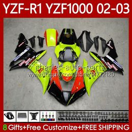 Motorfiets Bodys voor Yamaha YZF R 1 1000 CC YZF-R1 YZF-1000 00-03 Carrosserie 90NO.25 1000cc YZF R1 YZFR1 02 03 00 01 YZF1000 2002 2003 2000 2001 OEM Fairing Kit Neon Green
