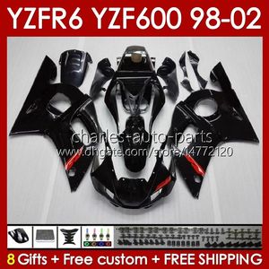 Marco del cuerpo para YAMAHA YZF-600 YZF R6 R 6 600CC YZFR6 1998 1999 00 01 02 Carrocería 145No.1 YZF 600 CC Carenado YZF-R6 98-02 YZF600 98 99 2000 2001 2002 Kit de carenado negro brillante