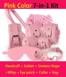 Kit 7 en 1 Ensemble de bondage pour les préliminaires jeux sexuels menottes en fourrure rouge menottes bandées collier de manchette en cuir fouet balle gag 5meter2435524