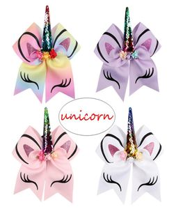 7inches Girls Unicorn Horn Hairbands Kinderen grote haarbogen met bloem glitter bedrukte boetiek haaraccessoires1211223