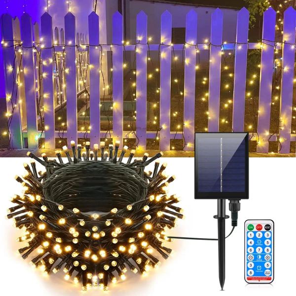 7m / 12m / 22m 8 Modos Interior Exterior Jardín solar Led Cadena de luces de hadas 100 200 LED Guirnalda impermeable Lámpara de panel solar grande Decoración de árbol de Navidad y batería solar