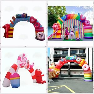Arc-en-ciel attrayant pour enfants, 7 m de large, arc de bonbons gonflable avec pompons, ballon coloré fantaisie en forme de pain de sucre pour décoration de fête