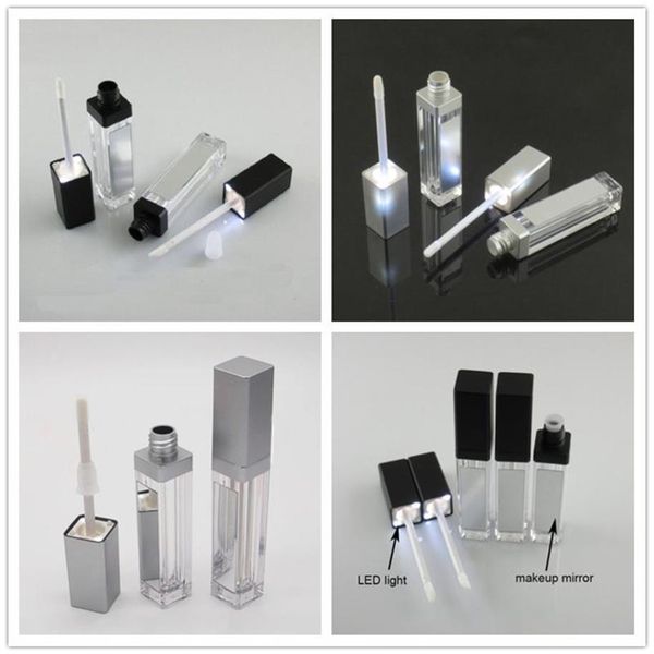 Envases de lápiz labial cosmético negro con luz LED de 7ML, herramienta de maquillaje, botella correctora cuadrada de plástico, tubo de brillo de labios con espejo 20pcs295Z