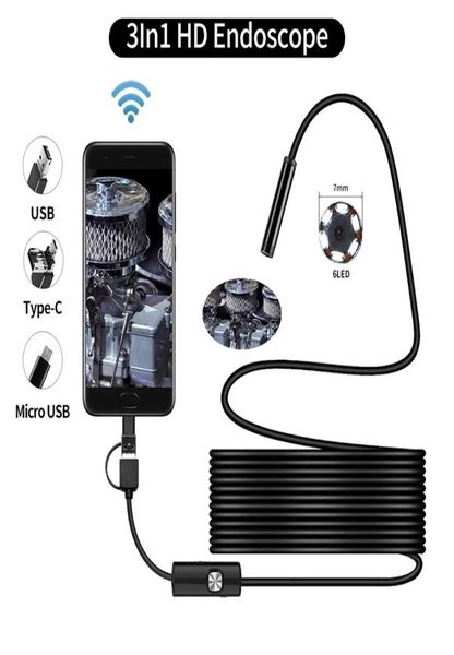 Endoscopio HD 3 en 1 de 7mm, cámara Micro USB, boroscopio de inspección, Mini cámara endoscópica impermeable para IPhone, Android, teléfono 8940063