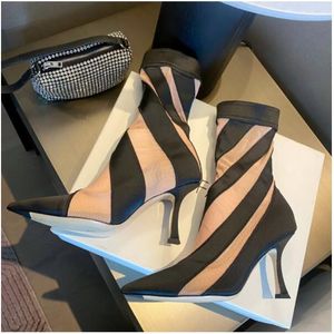 7mugler tweekleurige jersey mesh sock laarzen middenkalf trek op elastische punt-teen stiletto hakken laars gebreide enkel laarsjes dames luxe designer schoenen fabrieksschoenen schoenen