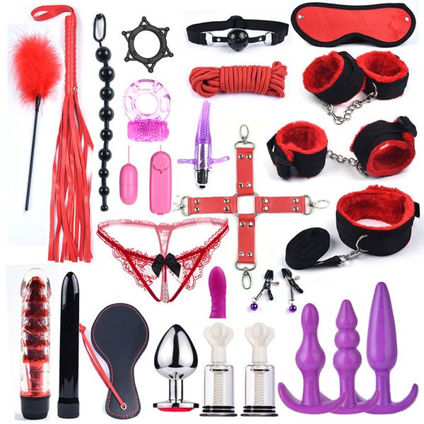 7pcs / 10pcs / 25pcs Kit Sex Toys pour femme Bdsm Bondage Sex Menottes Fouet Butt Plug avec vibrateur Sexy Adulte Produit Jeu Y200616