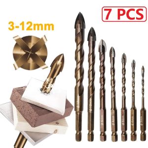 7pcs 3-12 mm Cross Hex Tile Overlord Drill Bits Plais pour verre en céramique Trou en béton Brique en alliage dur triangle Bit d'outil