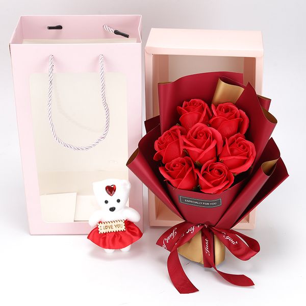 7 Uds. Ramo de flores artificiales de rosas de jabón Mariage con oso de muñeca cumpleaños Navidad boda regalo del Día de San Valentín decoración del hogar