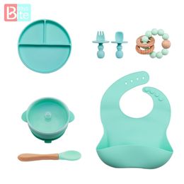 7 pièces ensemble d'alimentation pour bébé sans BPA de qualité alimentaire Silicone fourchette cuillère plats assiette bol fournitures vaisselle pour enfants 211026