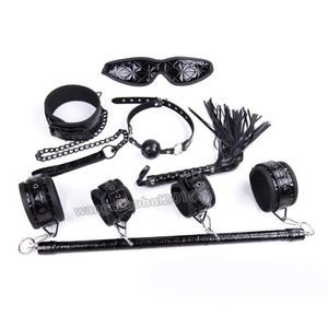 Kit de bandages de bondage, 7 pièces, barre d'écartement des jambes, col, poignets, bandeau, Gag, noir # R87