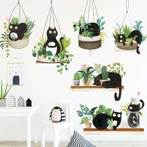 7 stks zwarte katten hangen mand groen planten bladeren muurstickers voor woonkamer slaapkamer decoratieve muurstickers muurschilderingen behang