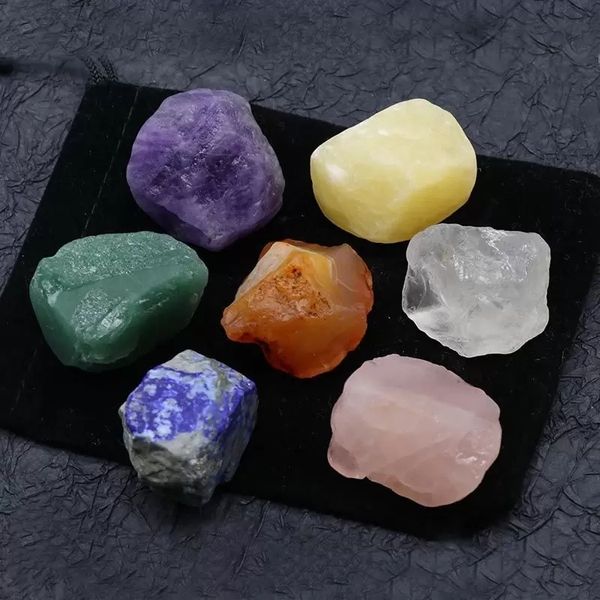 Juego de 7 piezas de piedras de chakras, cristal curativo de Reiki crudo irregular, siete chakras, equilibrio de energía, pieza de mano, piedras naturales, decoración de cuentas