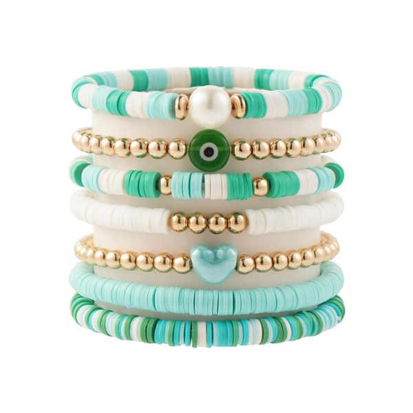 Juego de 7 pulseras de cuentas de arcilla Preppy Heishi pulsera elástica de la amistad apilable estrella dorada perla mal de ojo hebras con cuentas Boho verano playa joyería bandera de EE. UU. regalo de Navidad