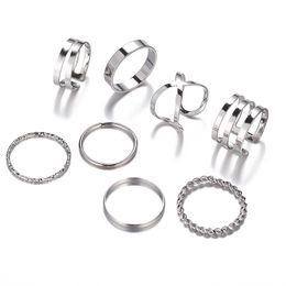 7 stks Mode Punk Gezamenlijke Ring Set Geometrische Twist Minimalistische Sieraden Metalen Circulaire Zilveren Gouden Ringen voor Dames Straat Dans Accessoires