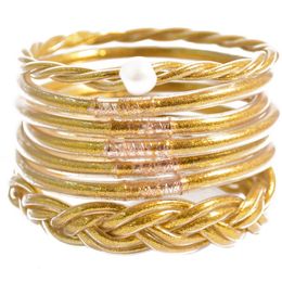 7pcs Glitter gevulde Jelly Armband Set voor Vrouwen Lichtgewicht Siliconen Boeddhistische Tempel Lucky Weaved Charm Bangle Cadeau voor meisjes 240228