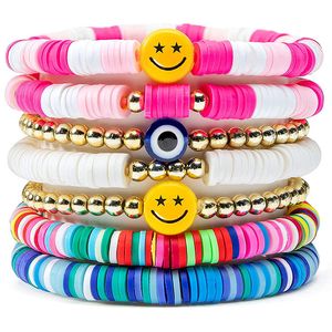 Lot de 7 bracelets de surfeur Heishi avec brins de perles colorés, Preppy, sourire heureux, mauvais œil, argile extensible, disque bohème empilable, bijoux de plage d'été pour femmes et filles