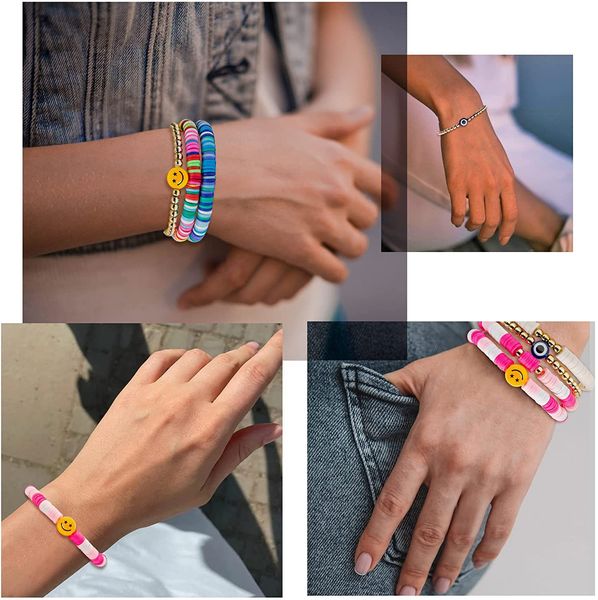 Juego de 7 pulseras Heishi Surfer con cuentas de hebras de arcoíris preppy feliz sonrisa mal de ojo arcilla elástica apilable Boho disco estético verano playa joyería para mujeres niñas