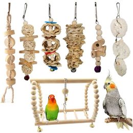 7 pièces/lot combinaison perroquet jouet oiseau Articles perroquet jouet à mâcher oiseau jouets drôle balançoire balle cloche debout formation Toys241m