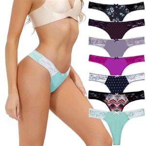 7 pcs/lot couleur aléatoire tongs sexy taille basse coton femmes G-string T dos sexy dentelle femmes culottes mignon arc dames slips 210730