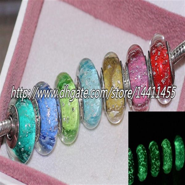 7 pièces S925 argent Sterling Signature couleur Fluorescence perles de verre de Murano ajustement européen Pandora bracelets à breloques colliers252F