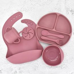 7pcs / ensemble Baby Silicone Table Voline Set Baby Feeding Dishs BPA Free Bow Bowl Plate Bibs Spoon Fork Sets Enfants