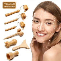 7 pièces/ensemble masseur de visage thérapie en bois dissolvant de rides visage cou levage de la peau Maderoterapia GuaSha rouleau de Massage Anti Cellulite 240112