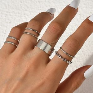7pcs / set Fashion Silver Color anneau pour les femmes Girls Géométrique Vintage Géométrique Hollw Out Wide Finger Ring Jewelry Gift