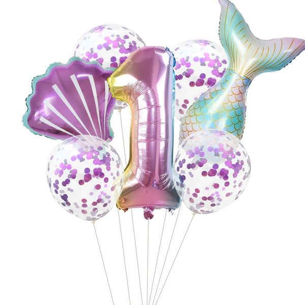 7pcs / set sirène des ballons de ballons ballons pour le 1er 2ème 3e anniversaire fêtard des filles de la sirène